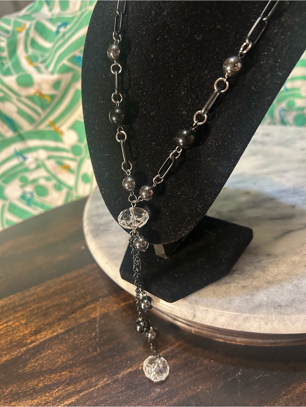 Dark Hematite Bead Lariat Necklace with Clear Crystal Drops